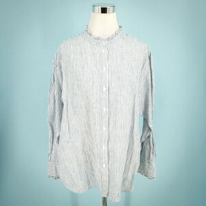 WYSE 5 Size 12 US Paris Linen Stripe Frill Ruffle Button Long Sleeve Top Blouse